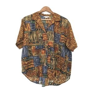 Vtg Colorblock Animal Print Button Up Top Women L Safari Boho Geometric Patchwor
